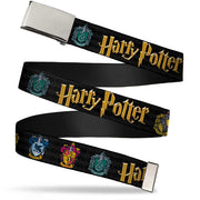 Chrome Buckle Web Belt - HARRY POTTER Hufflepuff/Ravenclaw/Gryffindor/Slytherin Coat of Arms Black Webbing Web Belts Harry Potter