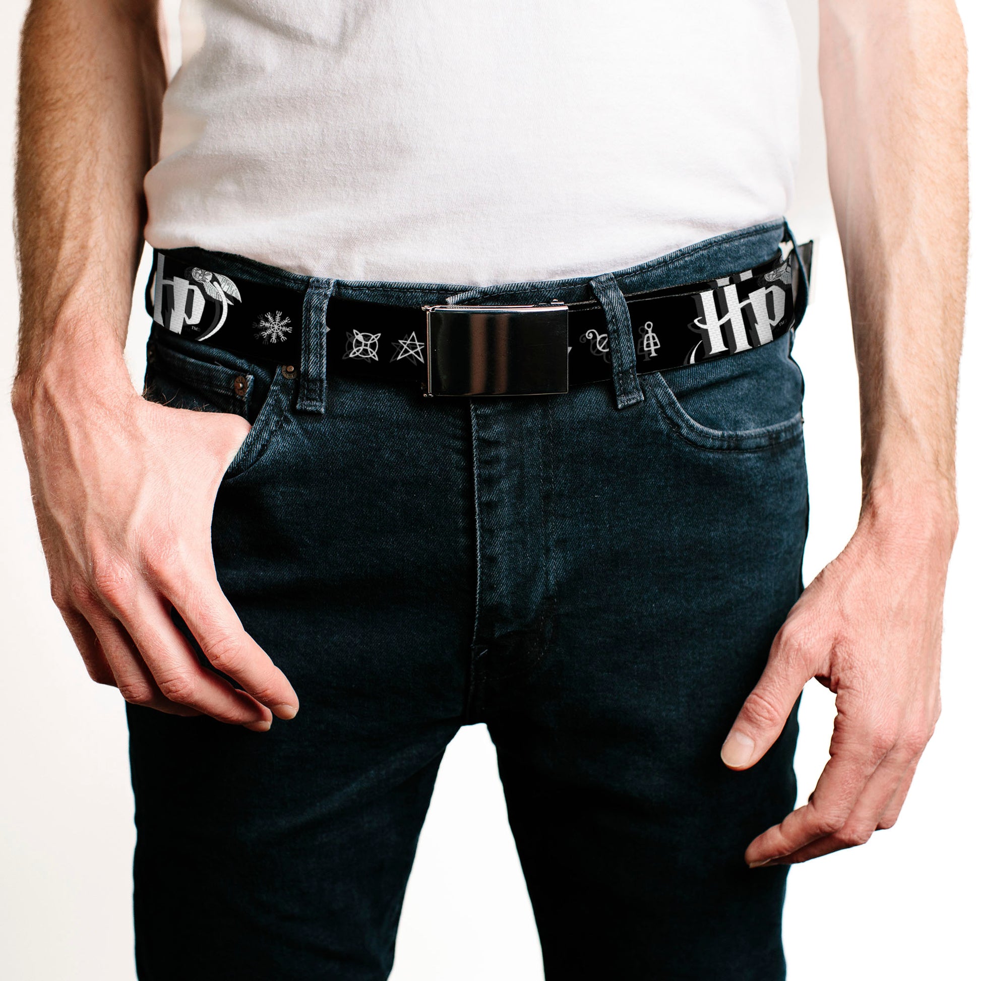 Chrome Buckle Web Belt - Harry Potter Logo/Symbology Black/White Webbing Web Belts Harry Potter