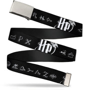 Chrome Buckle Web Belt - Harry Potter Logo/Symbology Black/White Webbing Web Belts Harry Potter