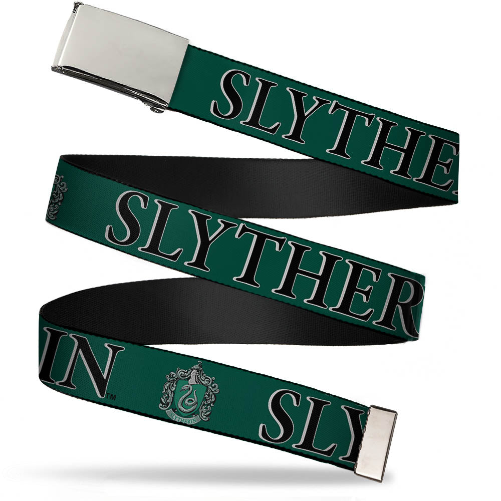 Chrome Buckle Web Belt - Harry Potter SLYTHERIN & Crest Green/Black Webbing Web Belts Harry Potter