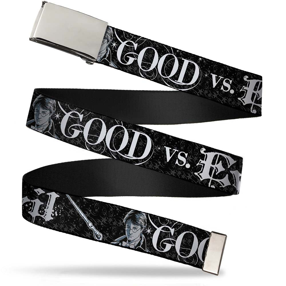 Chrome Buckle Web Belt - Harry Potter GOOD VS. EVIL Black/White Webbing Web Belts Harry Potter