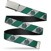 Chrome Buckle Web Belt - SLYTHERIN Crest Diagonal Stripe Gray/Green Webbing Web Belts Harry Potter
