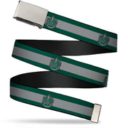 Chrome Buckle Web Belt - SLYTHERIN Crest/Stripe11 Green/Gray Webbing Web Belts Harry Potter