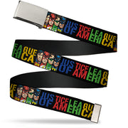 Chrome Buckle Web Belt - JUSTICE LEAGUE OF AMERICA w/Superhero Blocks Black/Multi Color Webbing Web Belts DC Comics   