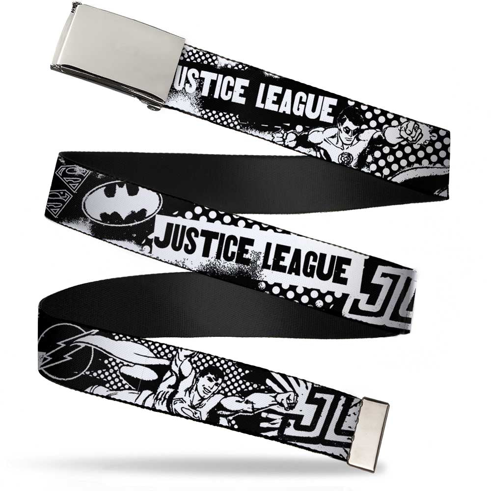 Chrome Buckle Web Belt - JUSTICE LEAGUE Superheroes Retro Pop White/Black Webbing Web Belts DC Comics   