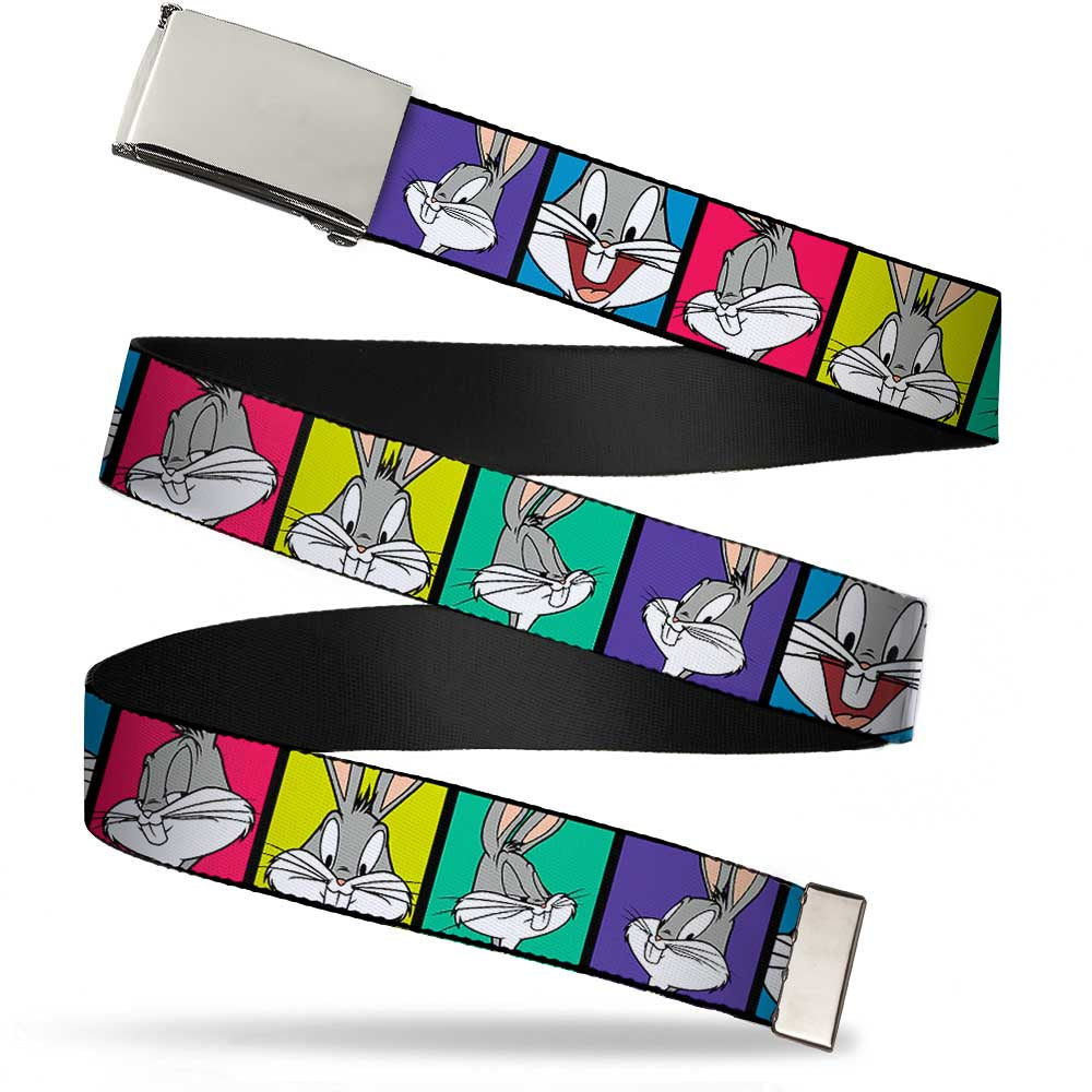 Chrome Buckle Web Belt - Bugs Bunny Expression Blocks Multi Color Webbing Web Belts Looney Tunes   