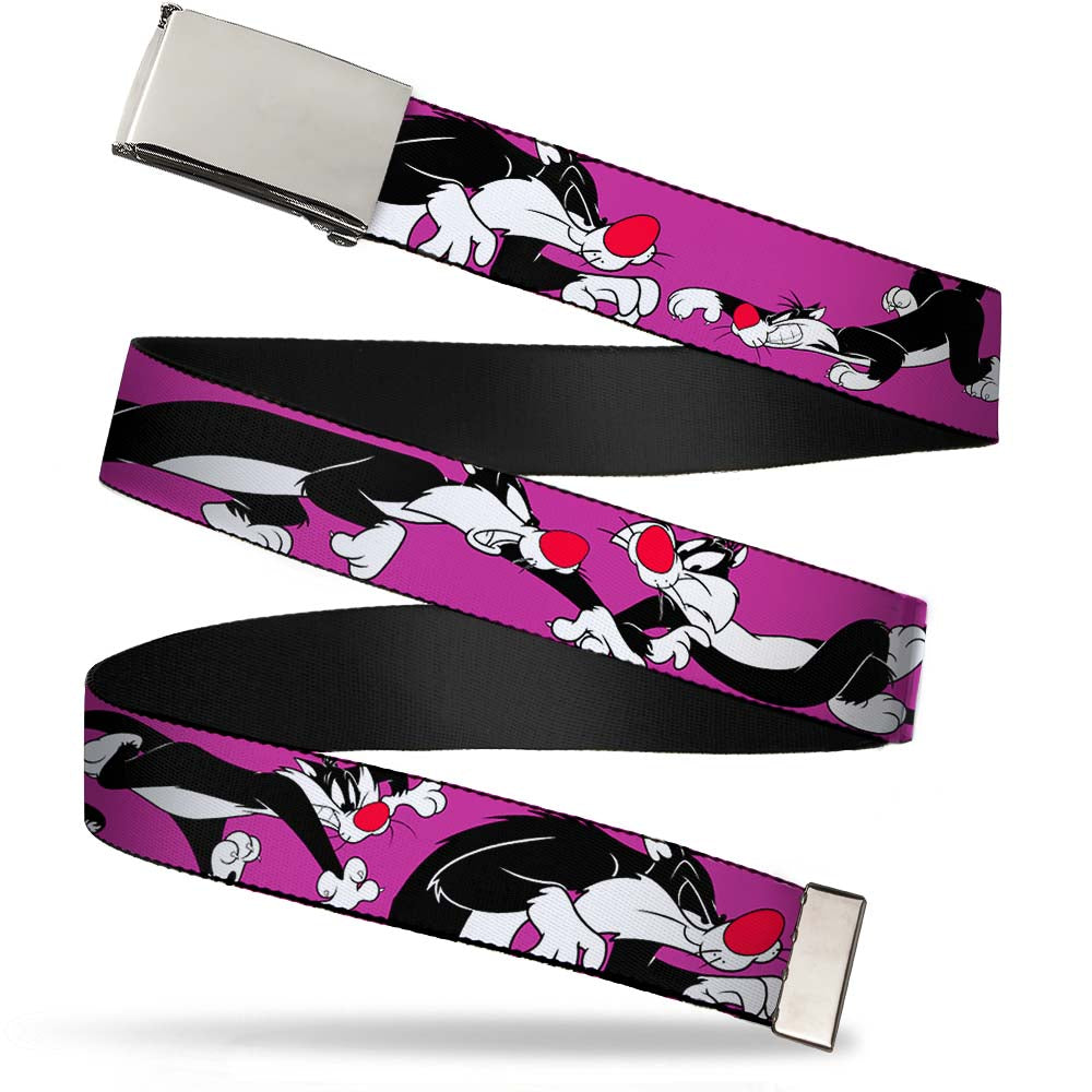 Chrome Buckle Web Belt - Sylvester the Cat Poses Purple Webbing Web Belts Looney Tunes   