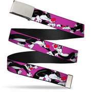 Chrome Buckle Web Belt - Sylvester the Cat Poses Purple Webbing Web Belts Looney Tunes   