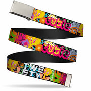 Chrome Buckle Web Belt - Tweety Bird Poses LITTLE CUTIE-LOVEABLE Black/Multi Color Webbing Web Belts Looney Tunes   