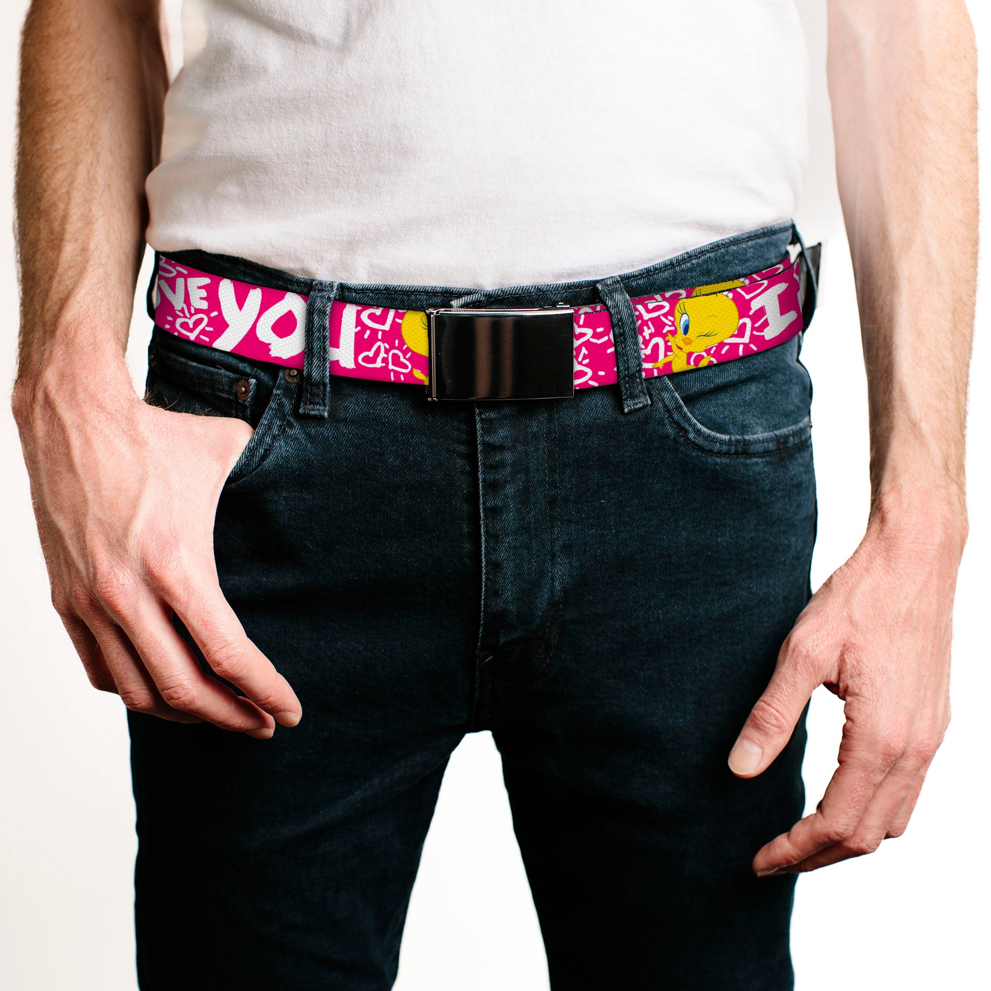 Chrome Buckle Web Belt - Tweety Bird I LOVE YOU Fuchsia/White Webbing Web Belts Looney Tunes   
