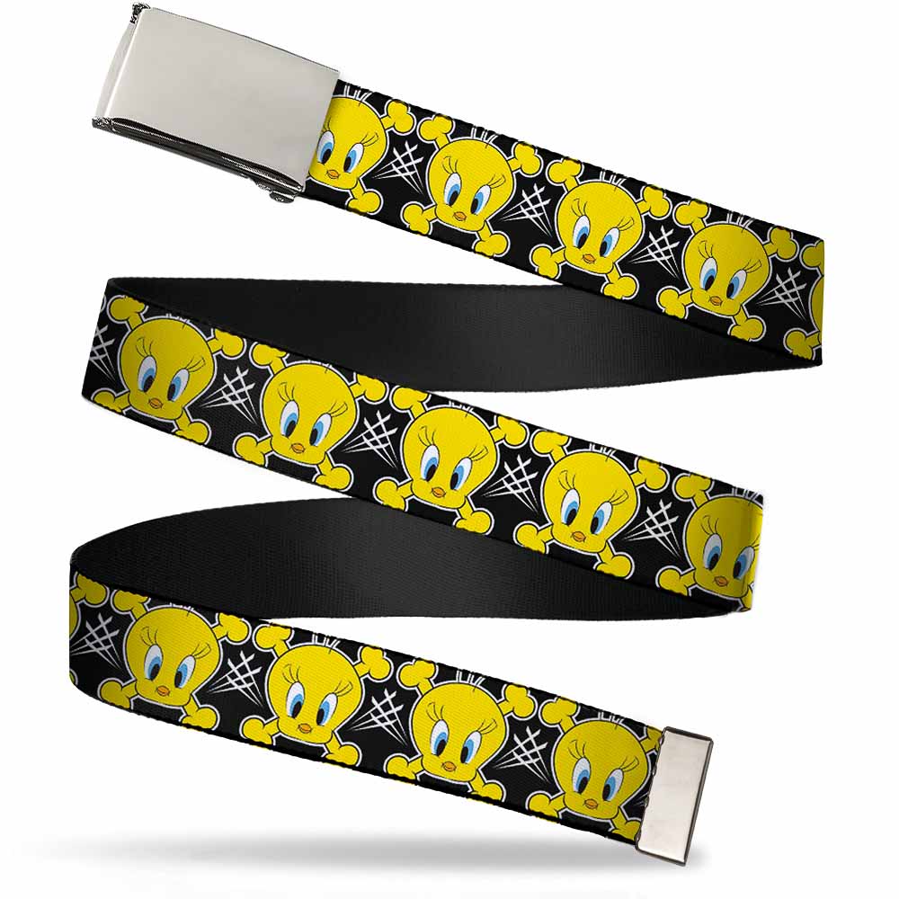 Chrome Buckle Web Belt - Tweety Bird & Crossbones Black/White/Yellow Webbing Web Belts Looney Tunes   