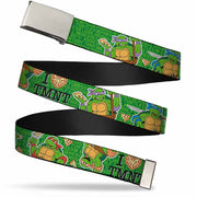 Chrome Buckle Web Belt - I "HEART" TMNT/Classic Turtles & Pizza Green Webbing Web Belts Teenage Mutant Ninja Turtles