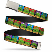 Chrome Buckle Web Belt - Classic Teenage Mutant Ninja Turtles Face Blocks Black/Multi Color Webbing Web Belts Teenage Mutant Ninja Turtles