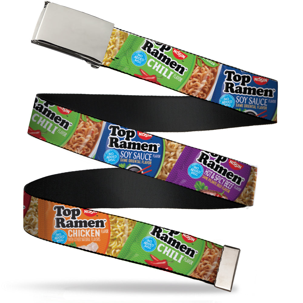 Web Belt Blank Chrome Buckle - Top Ramen Vivid Flavor Packages Stacked Multi Color Webbing Web Belts Nissin