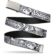 Web Belt Clamp Buckle - SNOOPY Poses and Daisy Flowers Collage Black/Grays/White Webbing Web Belts Peanuts