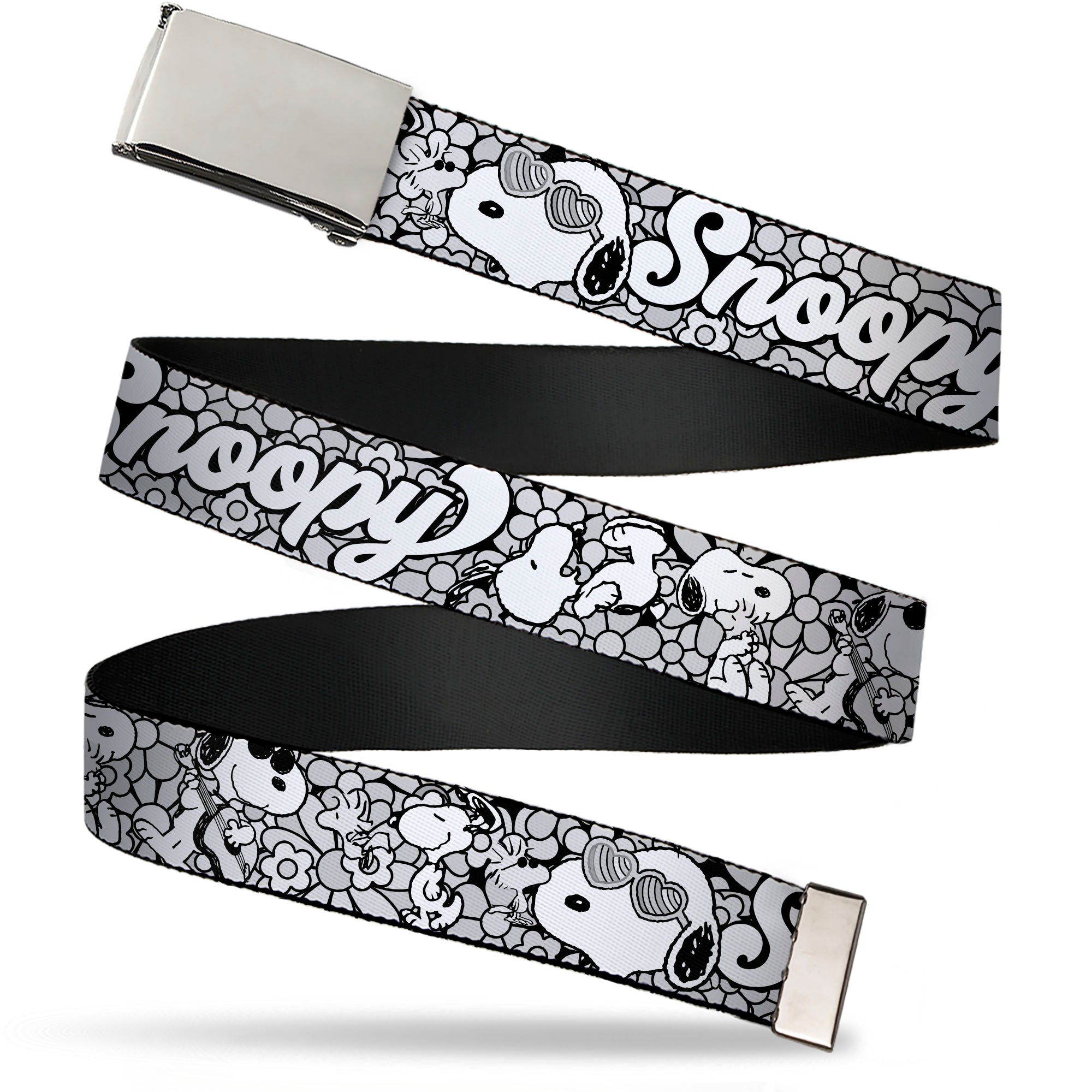 Web Belt Clamp Buckle - SNOOPY Poses and Daisy Flowers Collage Black/Grays/White Webbing Web Belts Peanuts