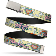 Web Belt Clamp Buckle - Peanuts Snoopy Flying Ace and Woodstock GROOVY Quotes Collage Yellow Webbing Web Belts Peanuts