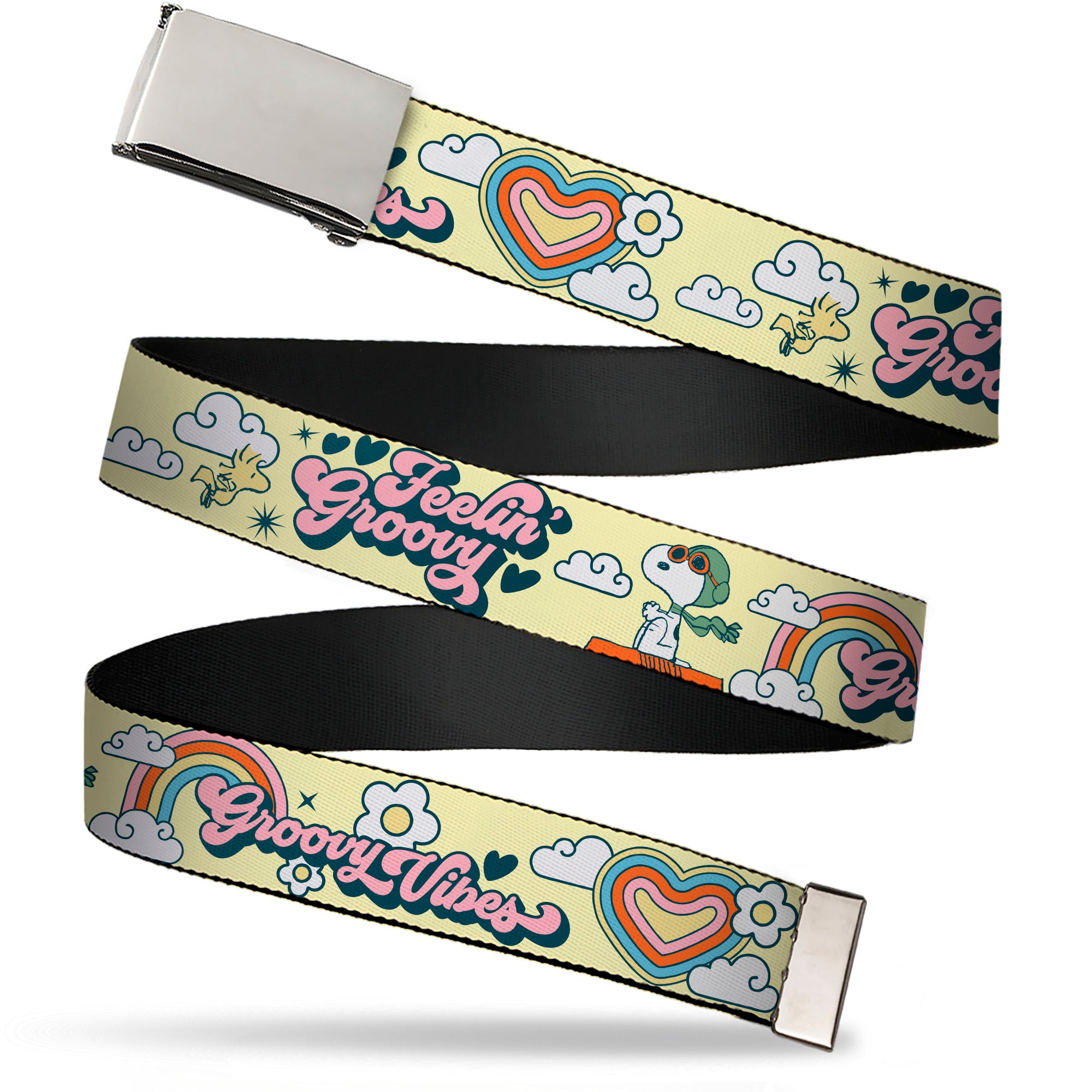 Web Belt Clamp Buckle - Peanuts Snoopy Flying Ace and Woodstock GROOVY Quotes Collage Yellow Webbing Web Belts Peanuts