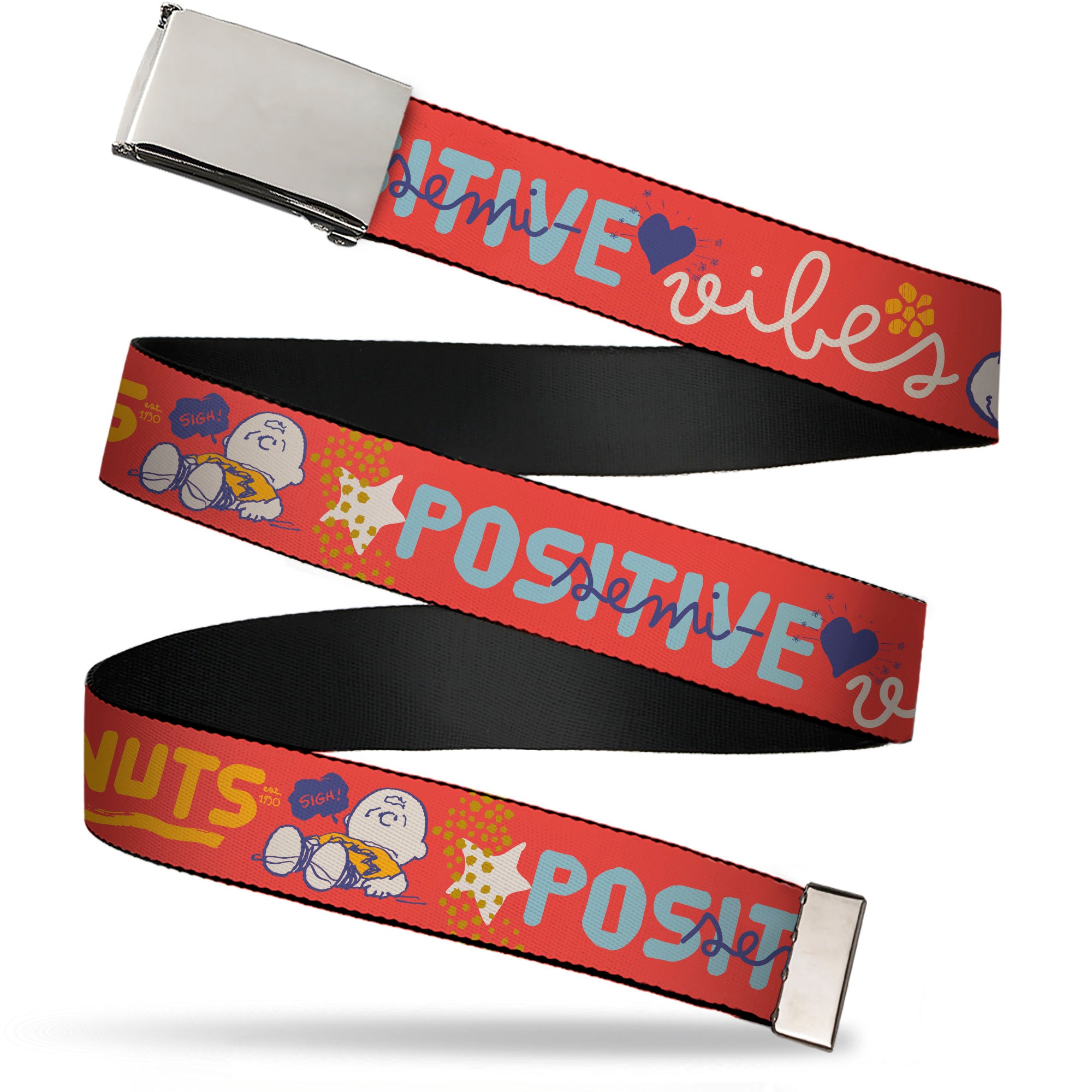 Web Belt Clamp Buckle - Peanuts Gang SEMI-POSITIVE VIBES Quote Red/Blues/White Webbing Web Belts Peanuts