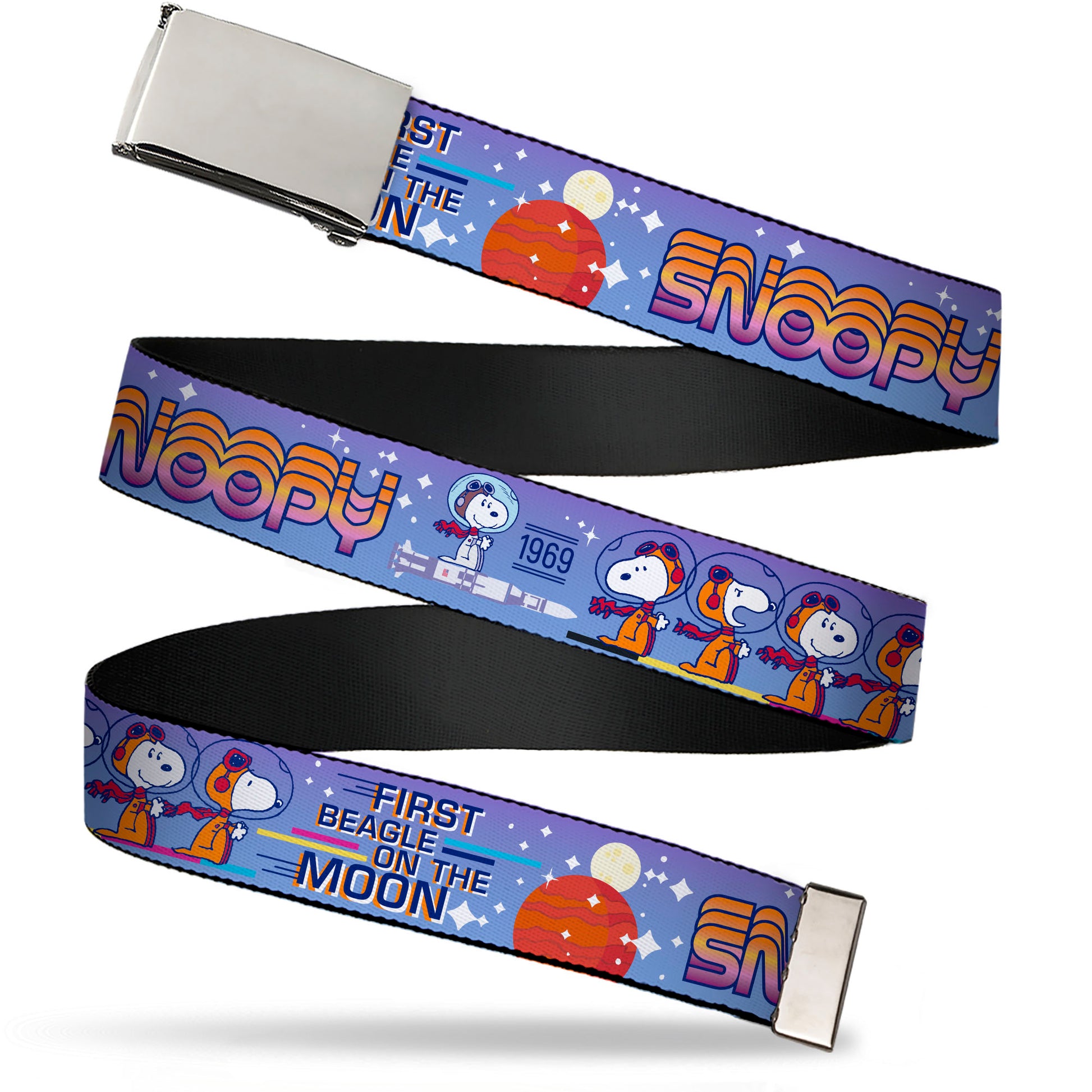 Web Belt Blank Chrome Buckle - Peanuts Astronaut Snoopy Launch Poses and Text White/Multi Color Webbing Web Belts Peanuts