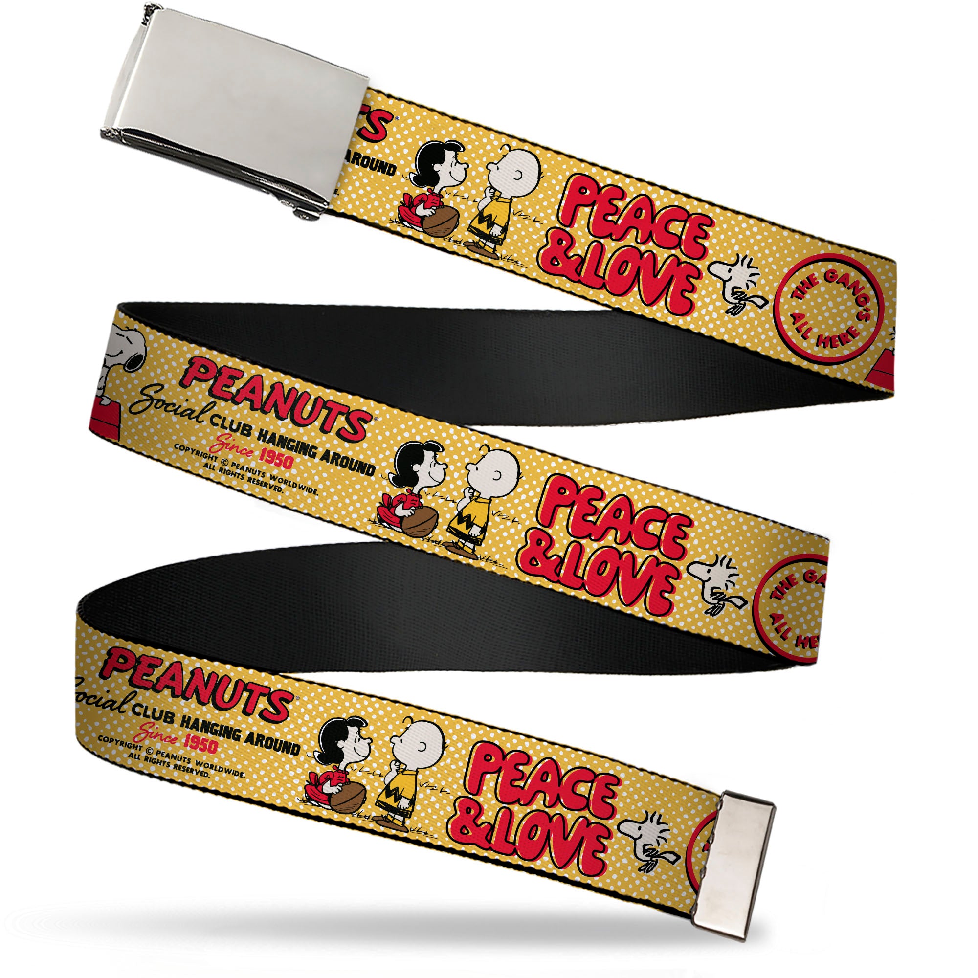 Web Belt Clamp Buckle - PEANUTS SOCIAL CLUB PEACE & LOVE Scenes Yellow/Red Webbing Web Belts Peanuts