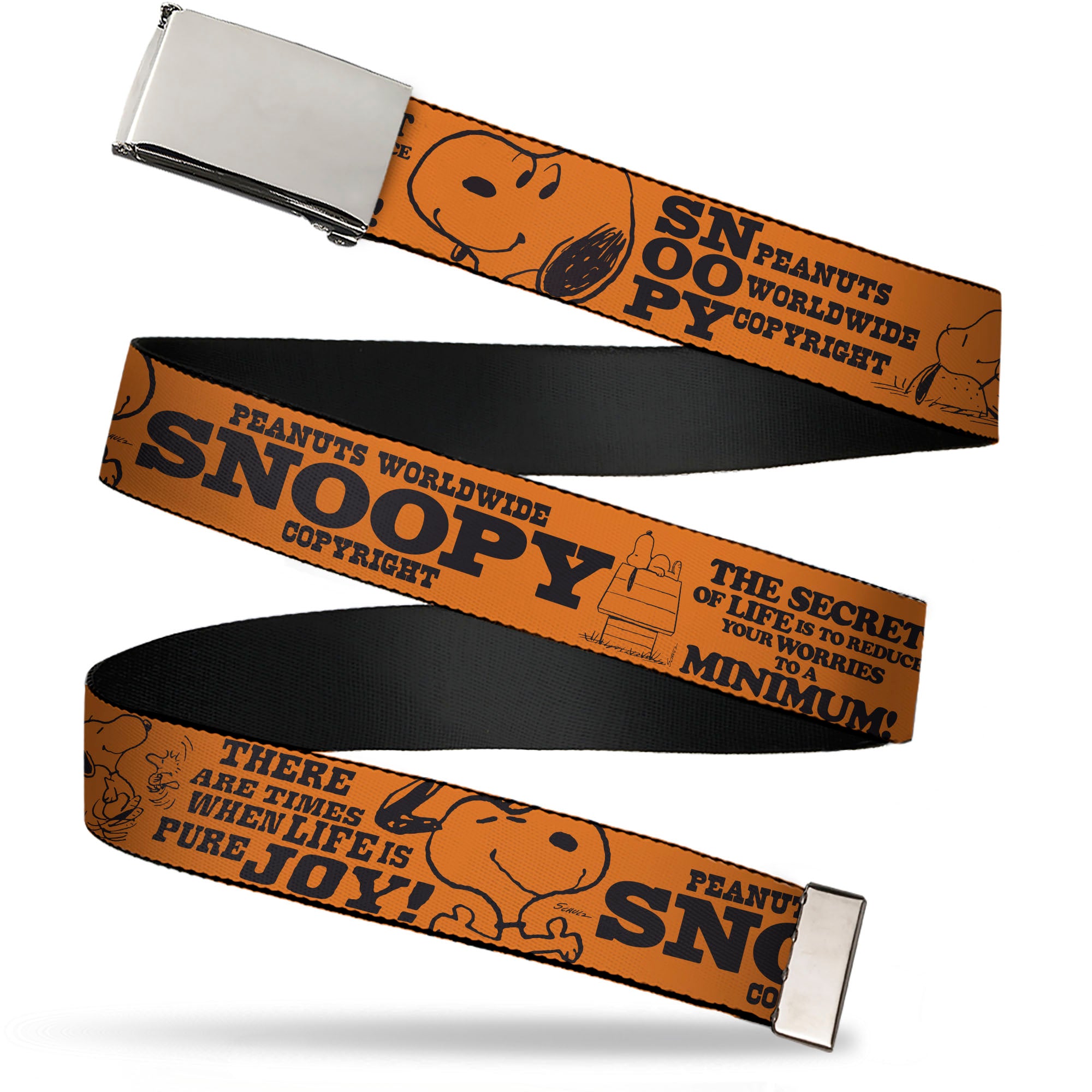 Web Belt Clamp Buckle - Snoopy Poses and Quotes Collage Orange/Black Webbing Web Belts Peanuts