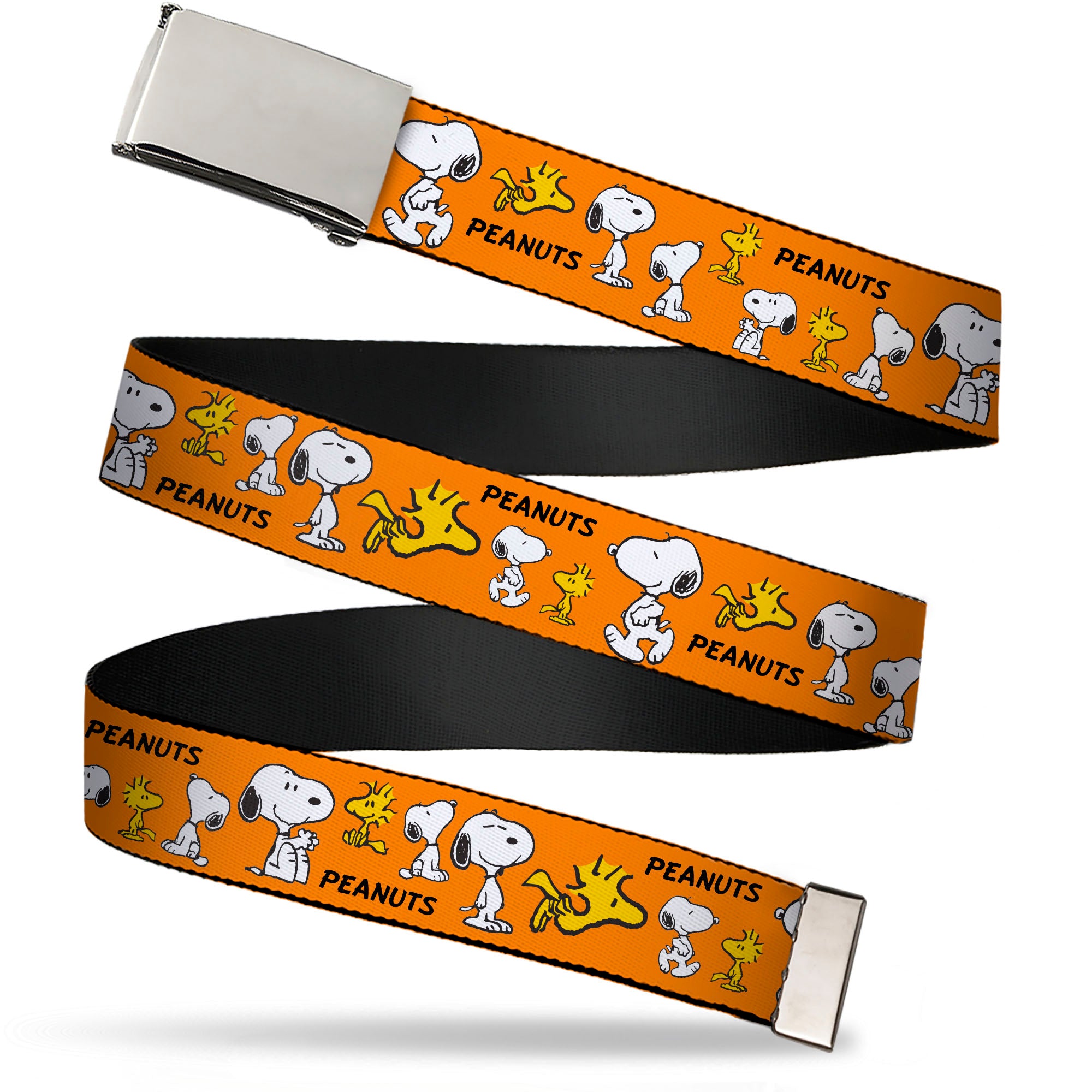 Web Belt Clamp Buckle - PEANUTS Snoopy and Woodstock Poses Collage Orange Webbing Web Belts Peanuts