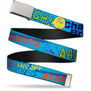 Web Belt Clamp Buckle - PEANUTS Charlie Brown Snoopy and Woodstock Typography Collage Blue/Multi Color Webbing Web Belts Peanuts