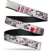 Web Belt Clamp Buckle - Peanuts JOE COOL Snoopy Poses and Text Gray/Black/Red/White Webbing Web Belts Peanuts