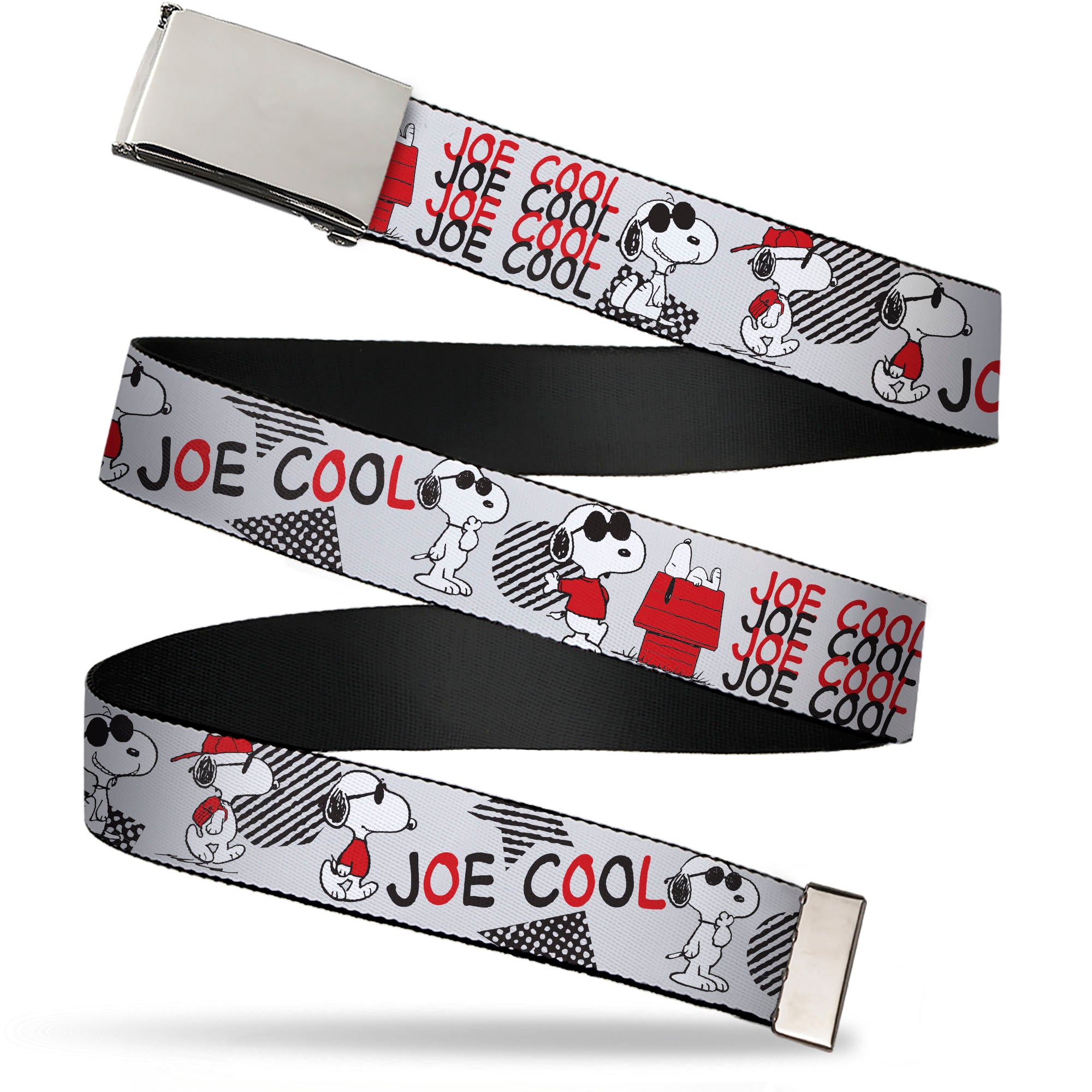 Web Belt Clamp Buckle - Peanuts JOE COOL Snoopy Poses and Text Gray/Black/Red/White Webbing Web Belts Peanuts