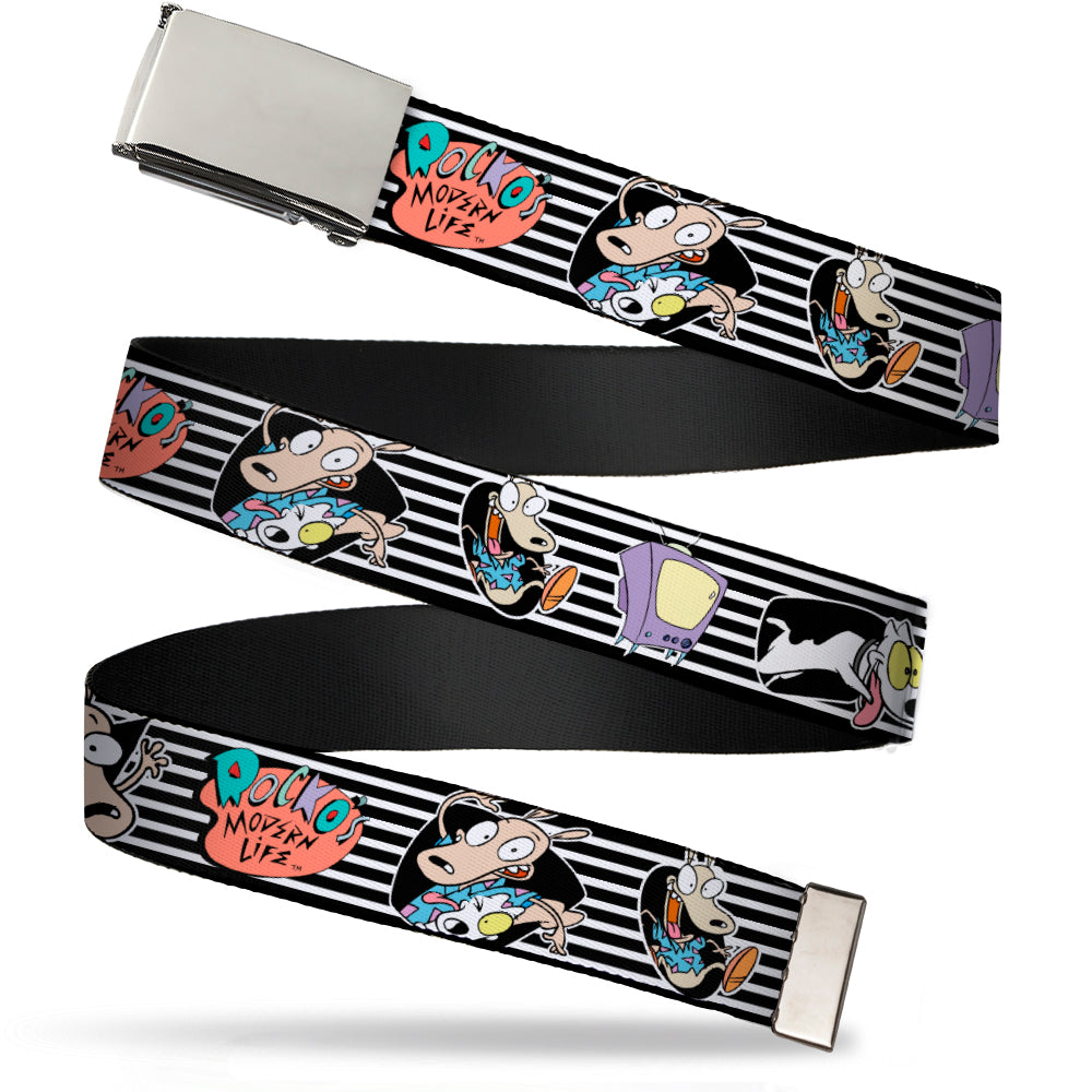 Chrome Buckle Web Belt - ROCKO'S MODERN LIFE Rocko & Spunky Poses/TV Stripe Black/White Webbing Web Belts Ren and Stimpy