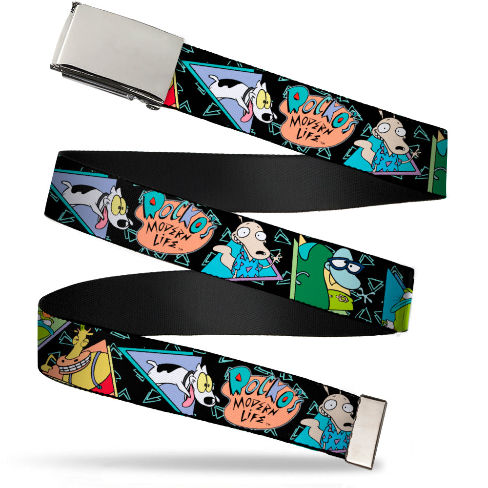 Chrome Buckle Web Belt - ROCKO'S MODERN LIFE Character Portraits/Triangles Black/Blue Webbing Web Belts Ren and Stimpy