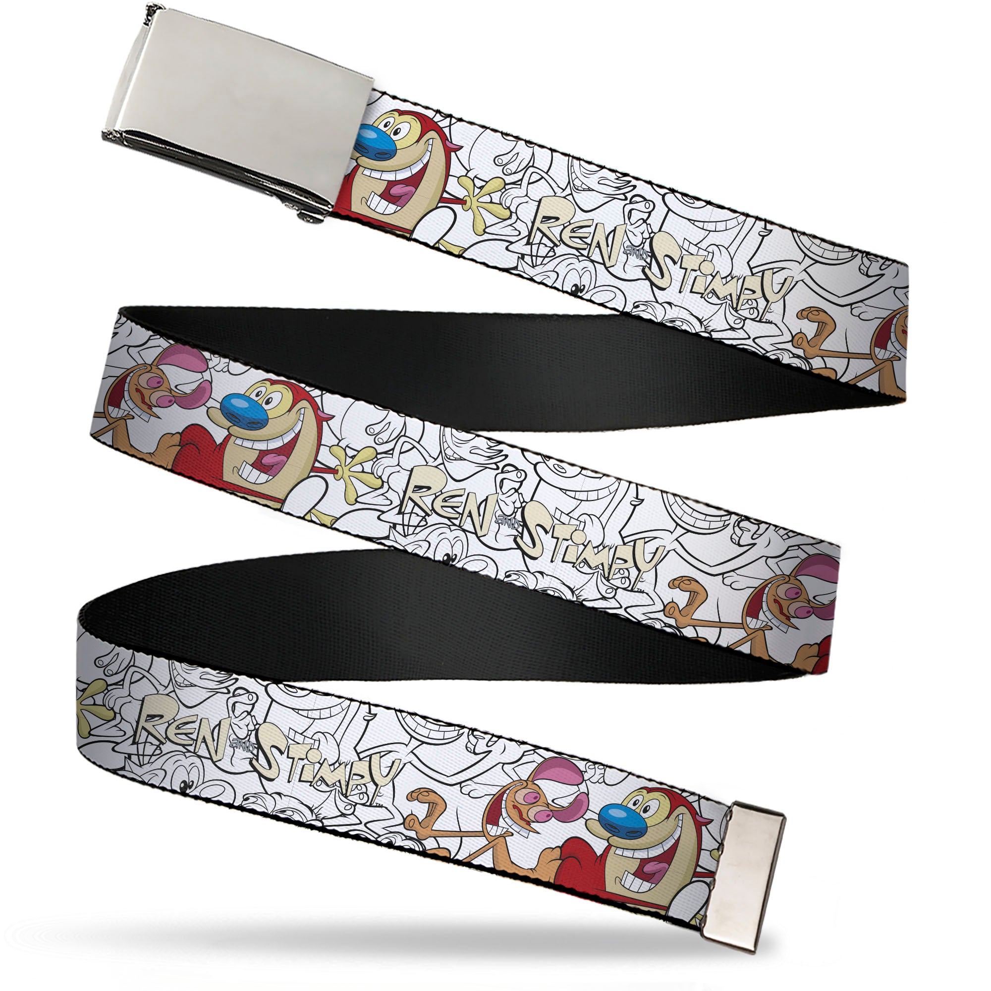 Web Belt Blank Chrome Buckle - REN AND STIMPY Smiling Pose and Outline Poses White/Black Webbing Web Belts Ren and Stimpy