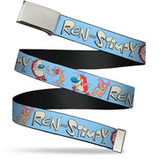Web Belt Blank Chrome Buckle - REN AND STIMPY Title Logo and Poses Baby Blue Webbing Web Belts Ren and Stimpy