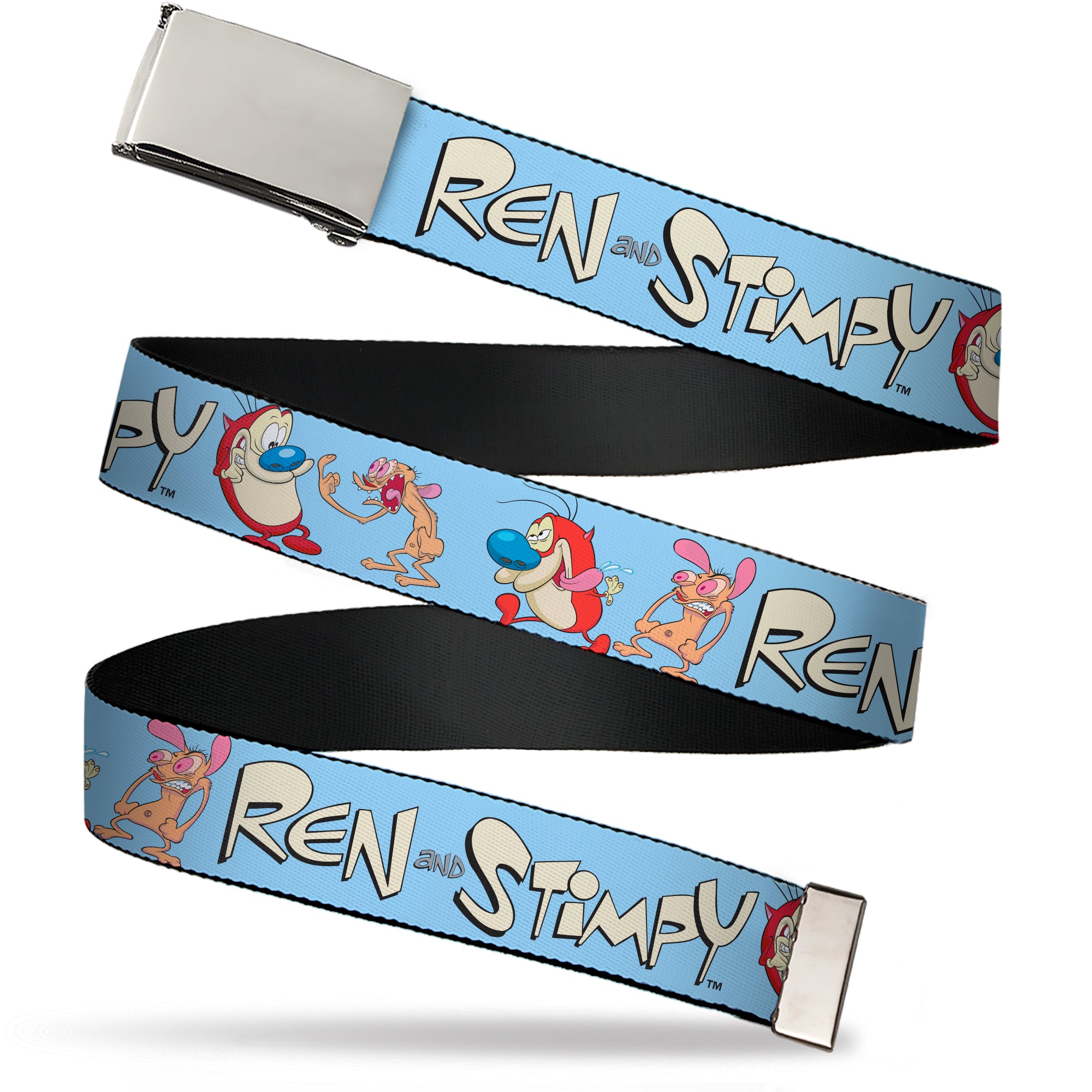 Web Belt Blank Chrome Buckle - REN AND STIMPY Title Logo and Poses Baby Blue Webbing Web Belts Ren and Stimpy