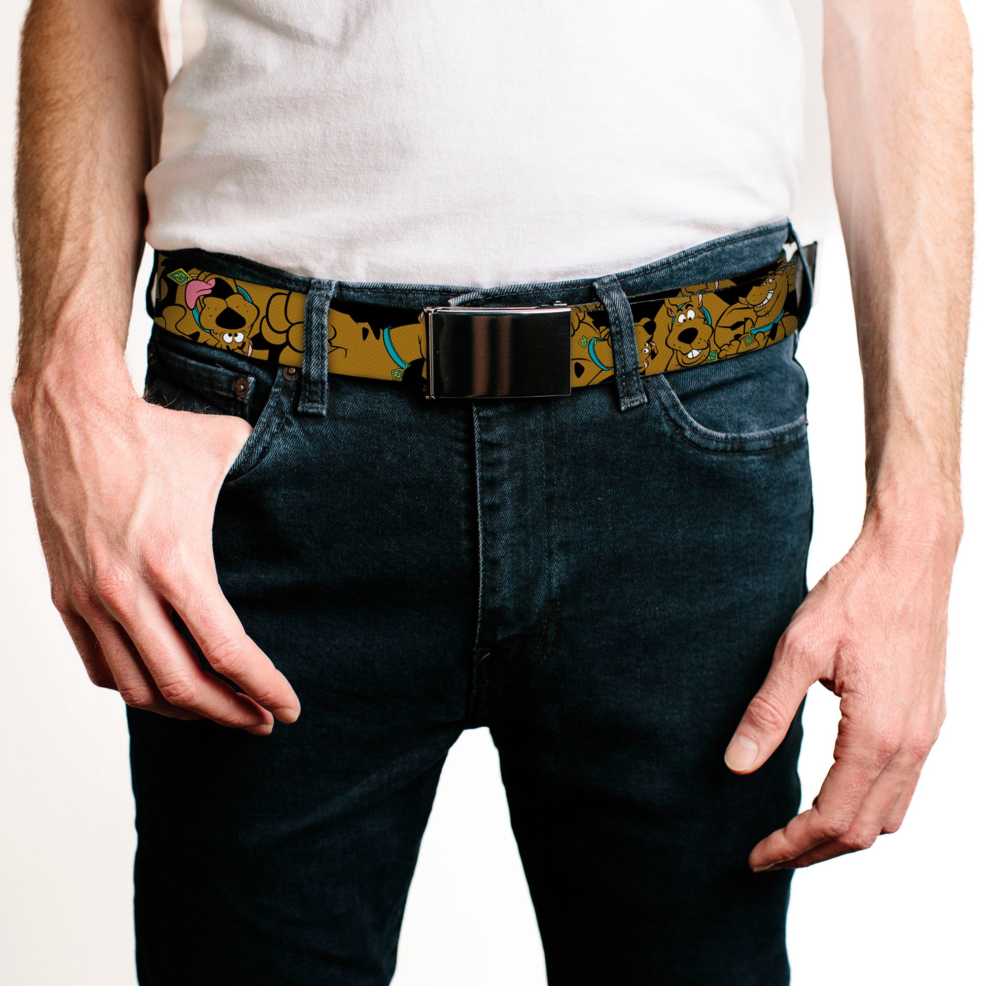 Chrome Buckle Web Belt - Scooby Doo Stacked CLOSE-UP Black Webbing Web Belts Scooby Doo   
