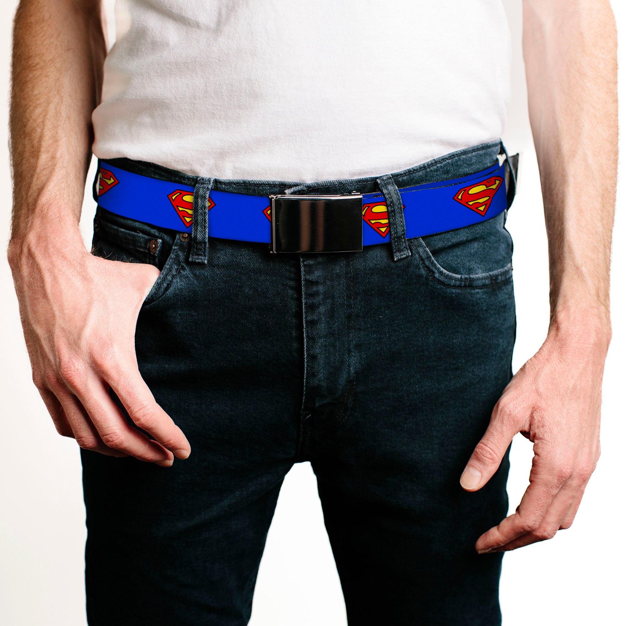 Chrome Buckle Web Belt - Superman Shield Blue Webbing Web Belts DC Comics   