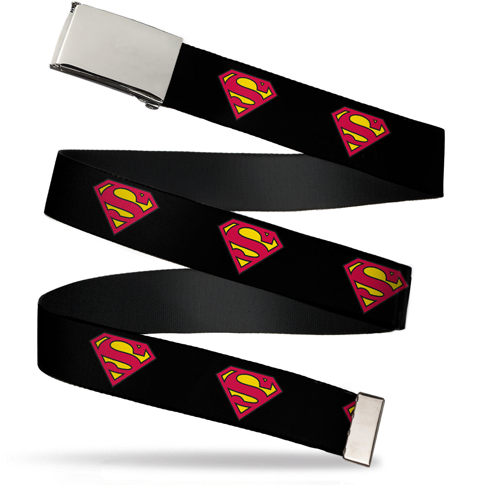 Chrome Buckle Web Belt - Superman Shield Black Webbing Web Belts DC Comics   