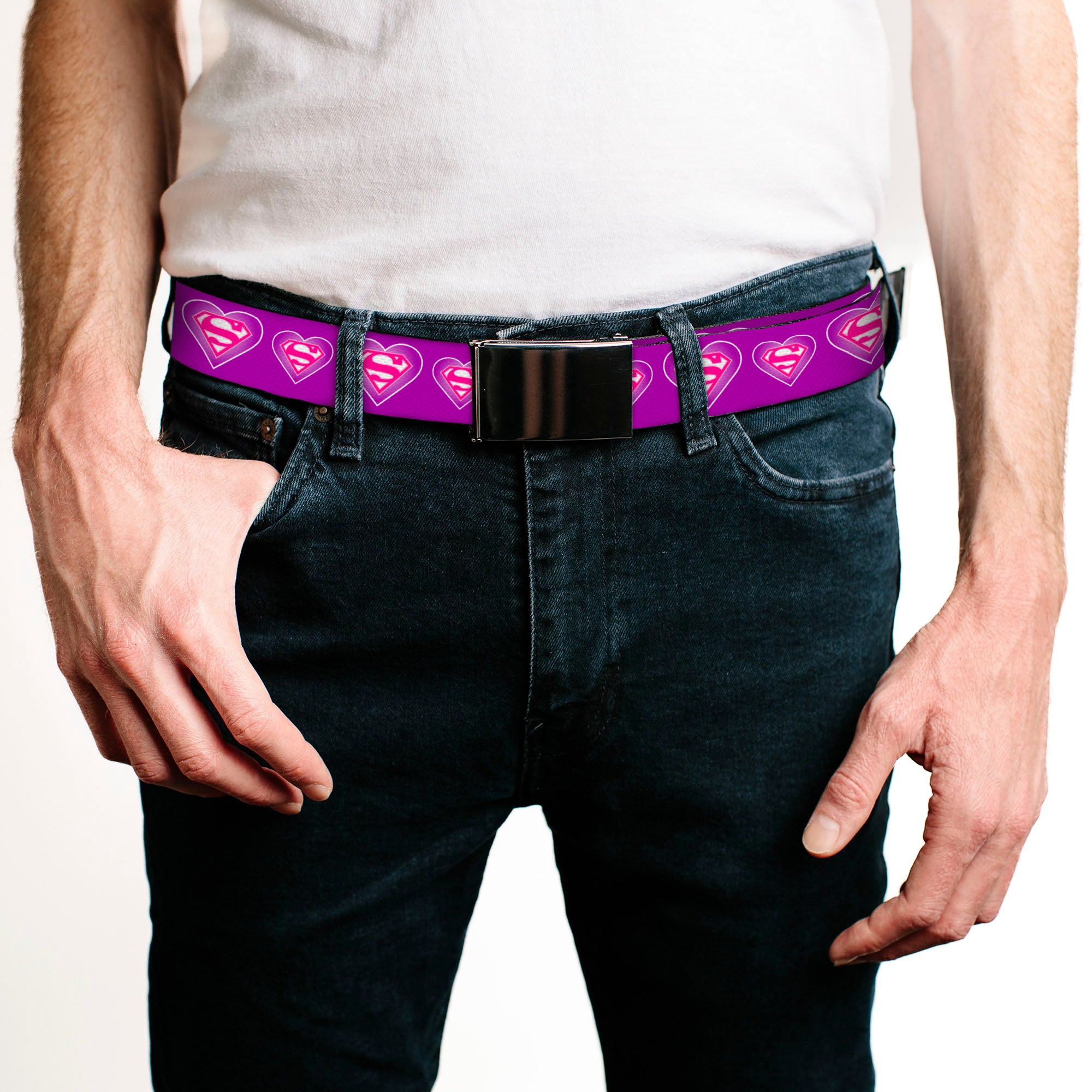 Chrome Buckle Web Belt - Superman Logo in Heart Purple/White/Pink Webbing Web Belts DC Comics   