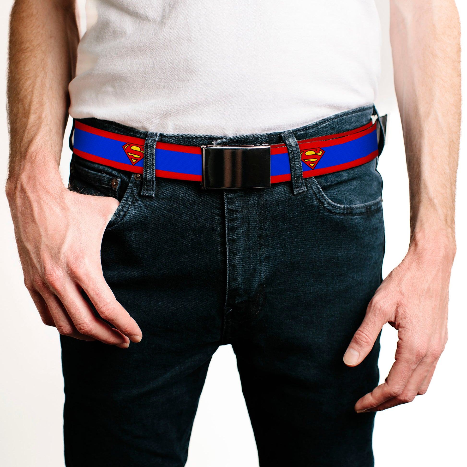 Chrome Buckle Web Belt - Superman Shield/Stripe Red/Blue Webbing Web Belts DC Comics   