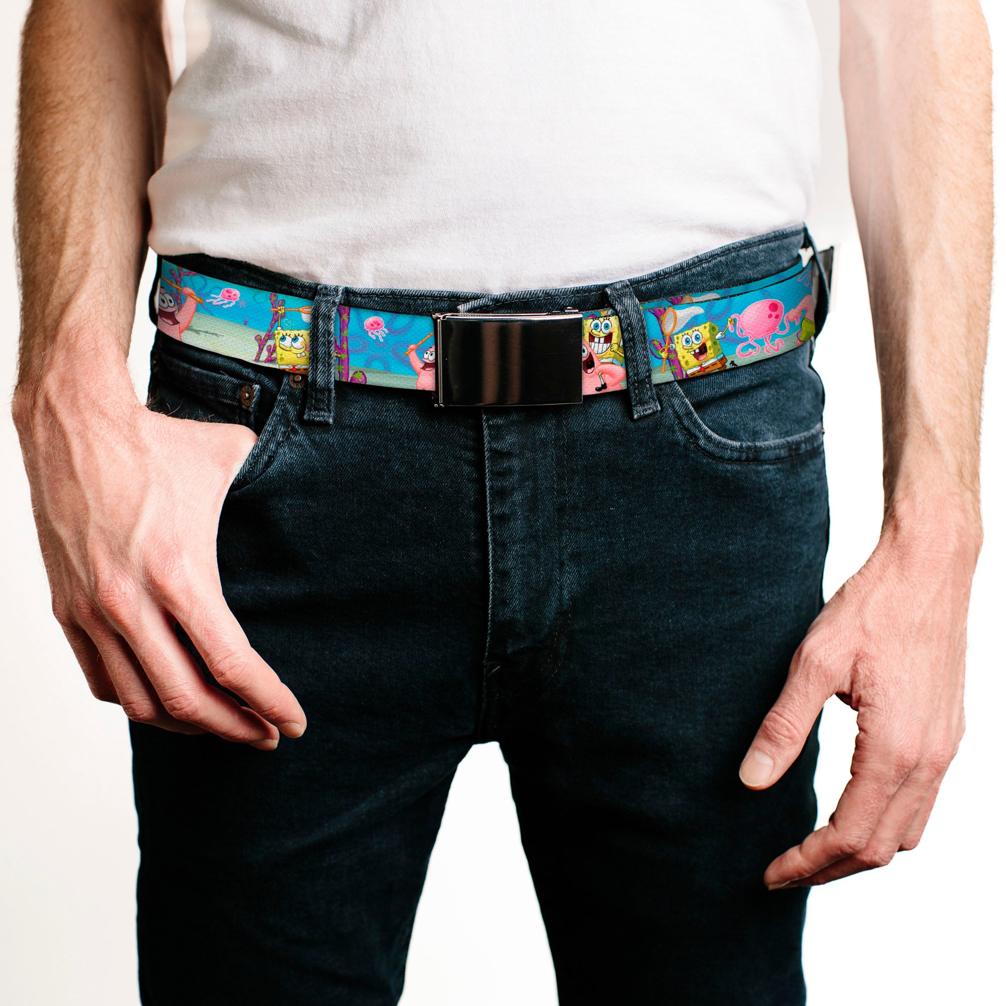 Chrome Buckle Web Belt - SpongeBob & Patrick Starfish Jellyfishing Scenes Webbing Web Belts SpongeBob SquarePants