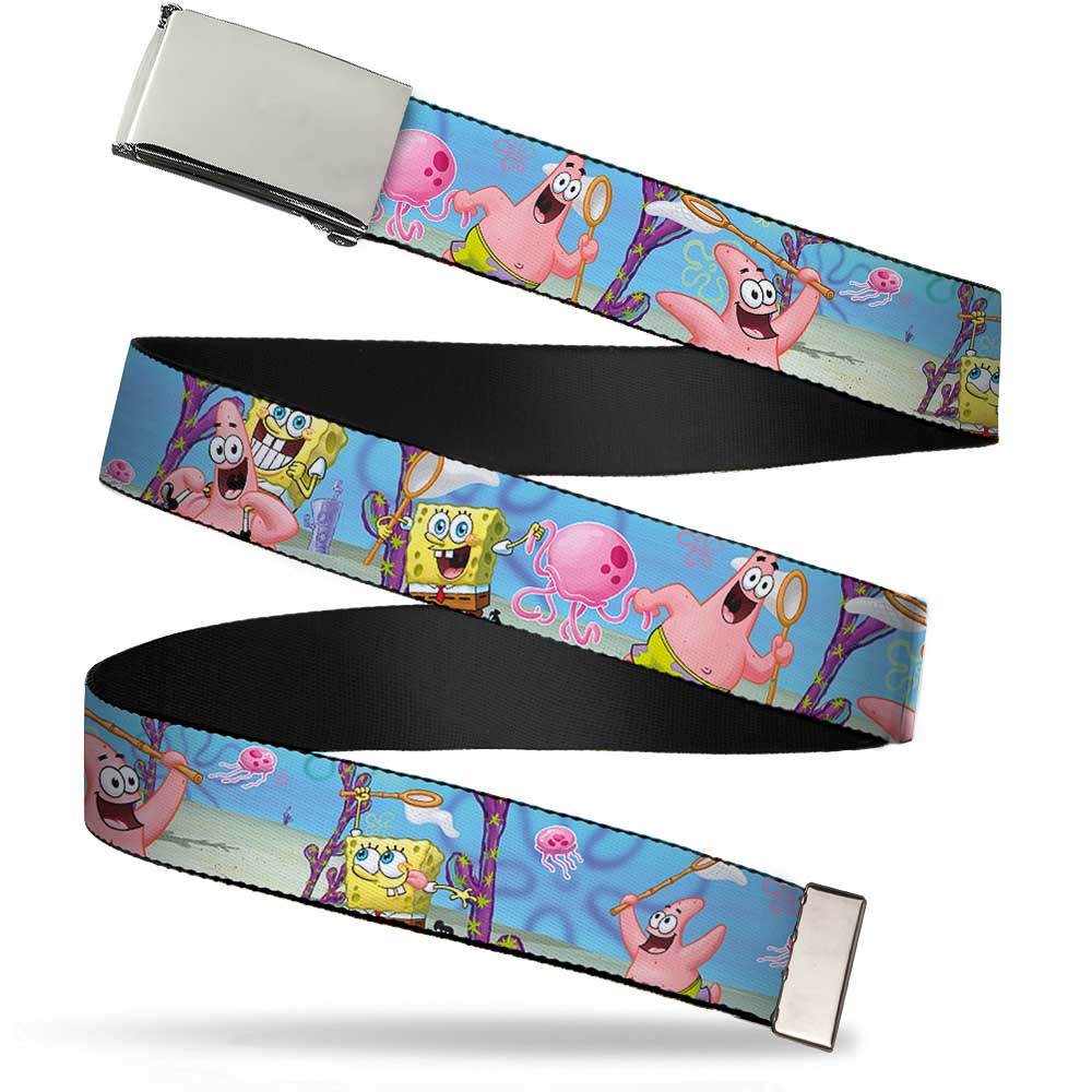 Chrome Buckle Web Belt - SpongeBob & Patrick Starfish Jellyfishing Scenes Webbing Web Belts SpongeBob SquarePants