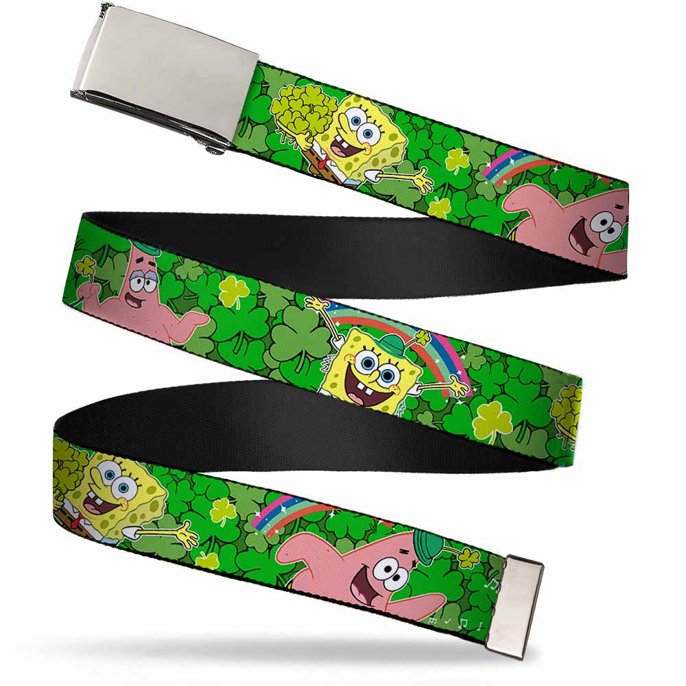 Web Belt Blank Chrome Buckle - SpongeBob & Patrick Starfish St. Patrick's Day Poses Webbing Web Belts SpongeBob SquarePants