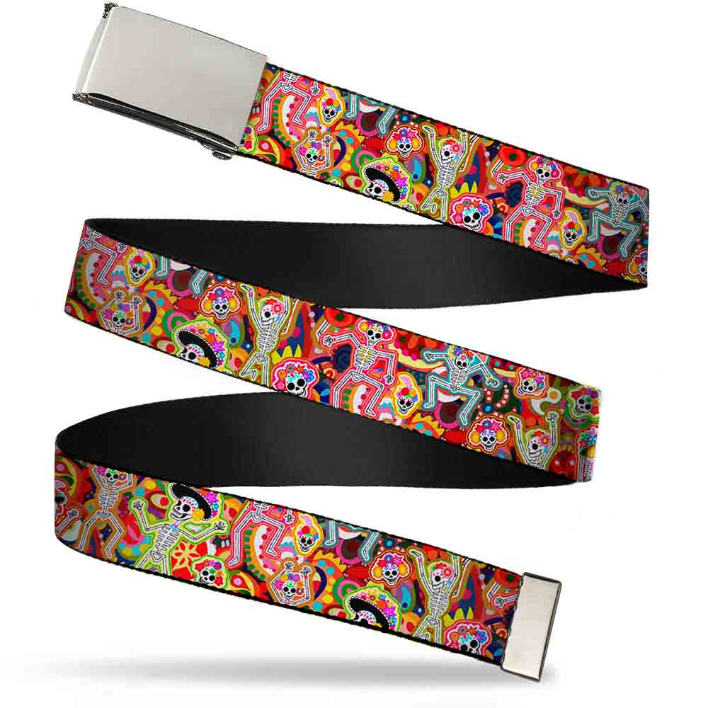 Chrome Buckle Web Belt - Dancing Catrinas Collage Multi Color Webbing Web Belts Thaneeya McArdle   
