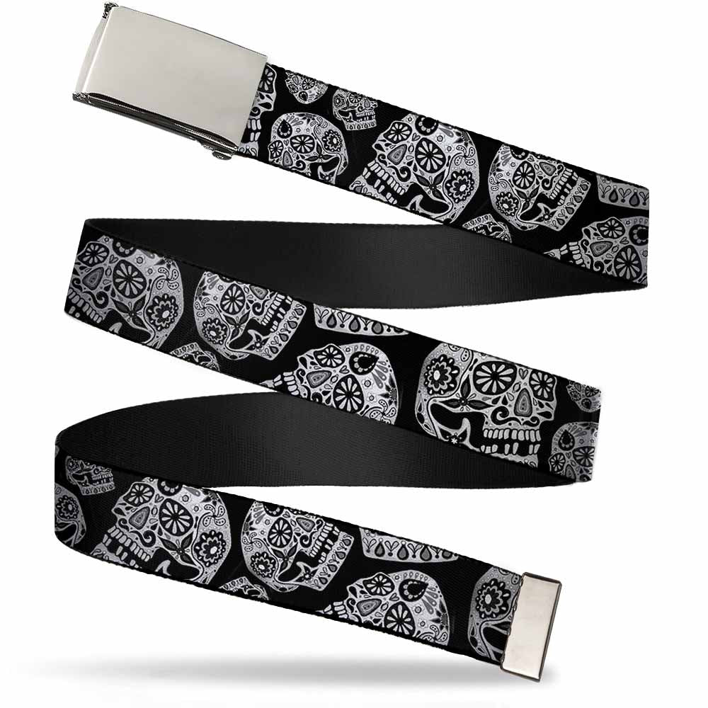 Chrome Buckle Web Belt - The Dust of Living II Sugar Skulls Black/White Webbing Web Belts Thaneeya McArdle   