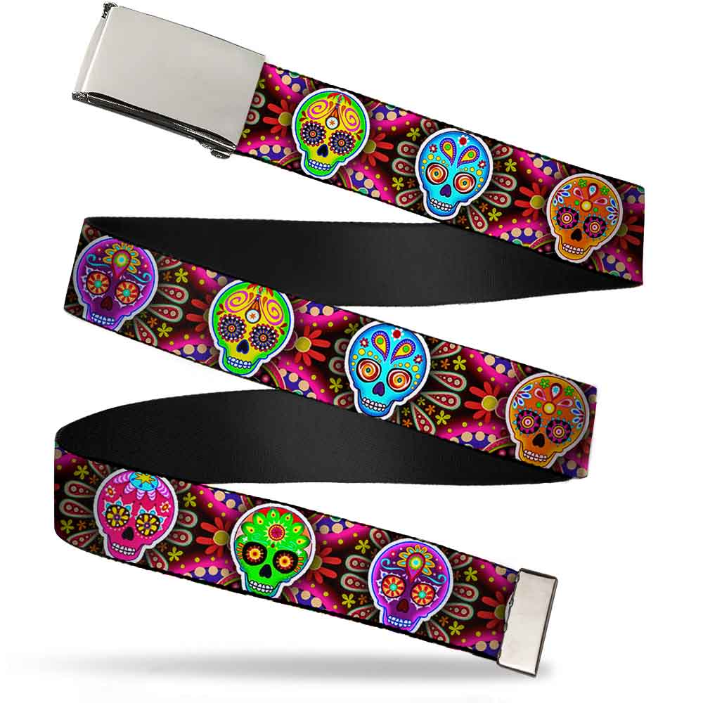 Chrome Buckle Web Belt - Six Sugar Skulls Multi Color Webbing Web Belts Thaneeya McArdle   