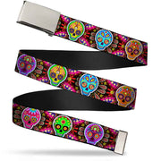 Chrome Buckle Web Belt - Six Sugar Skulls Multi Color Webbing Web Belts Thaneeya McArdle   