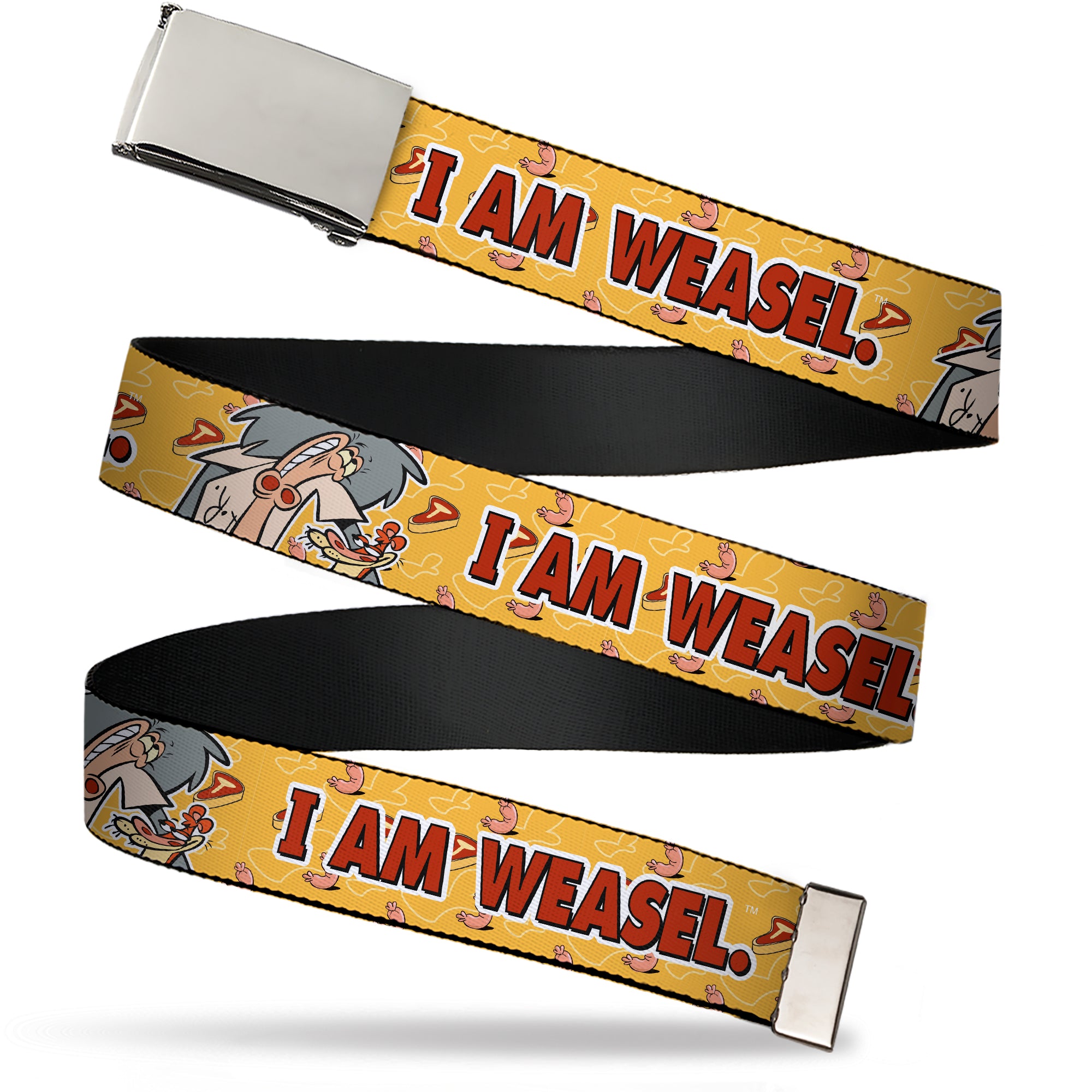 Web Belt Blank Chrome Buckle - I AM WEASEL Title Logo with IM Weasel and IR Baboon Pose Yellows Webbing Web Belts I Am Weasel