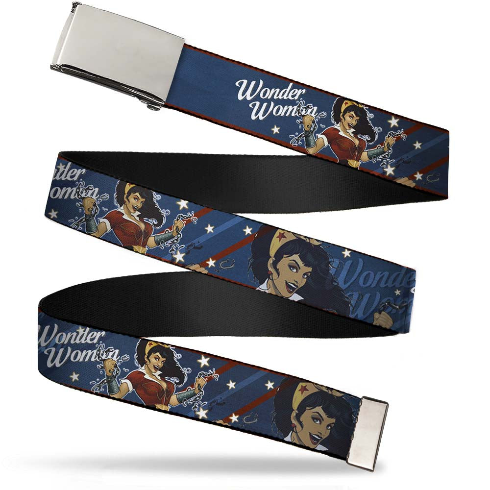 Chrome Buckle Web Belt - WONDER WOMAN/Bombshell Pose Blue/Red/White Webbing Web Belts DC Comics   
