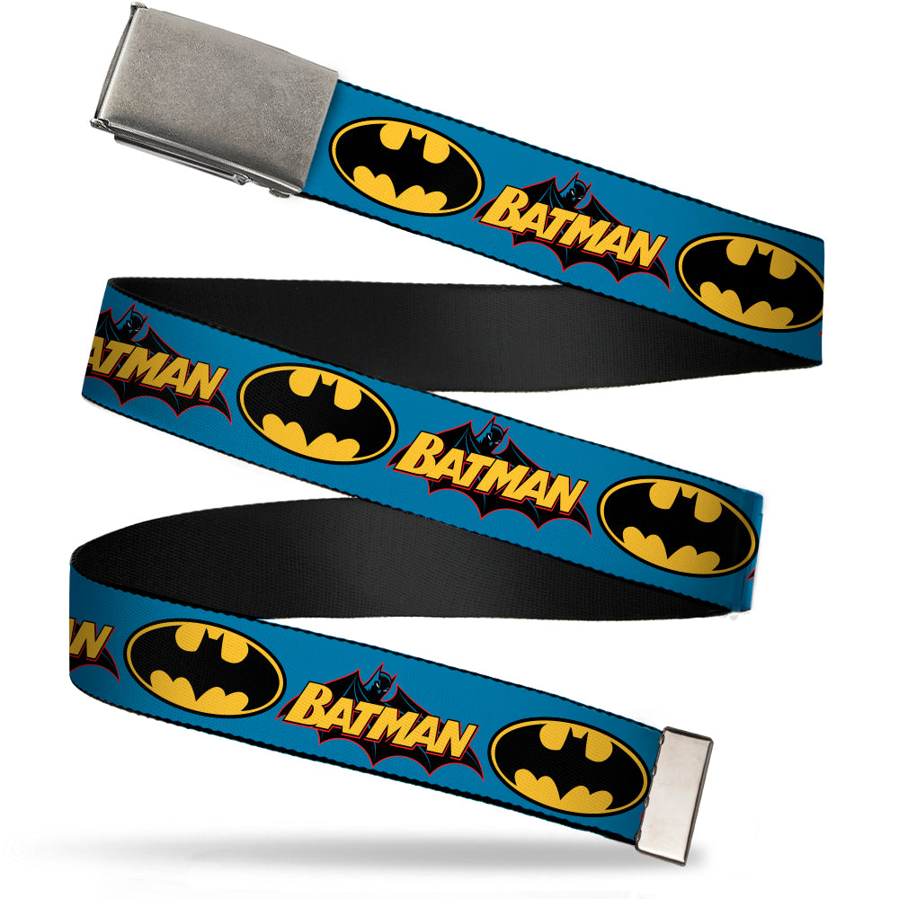Web Belt Blank Black Buckle - Vintage Batman Logo & Bat Signal Blue Webbing Web Belts DC Comics